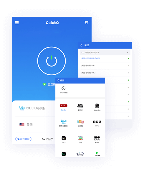 QuickQ VPN 全球网络加速与安全通行架构示意图